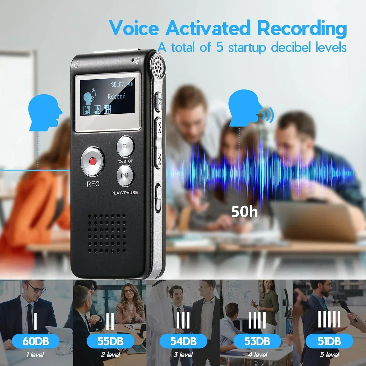 Compact Voice Activated Digital Recorder with Built-In Speaker and Headphone Jack