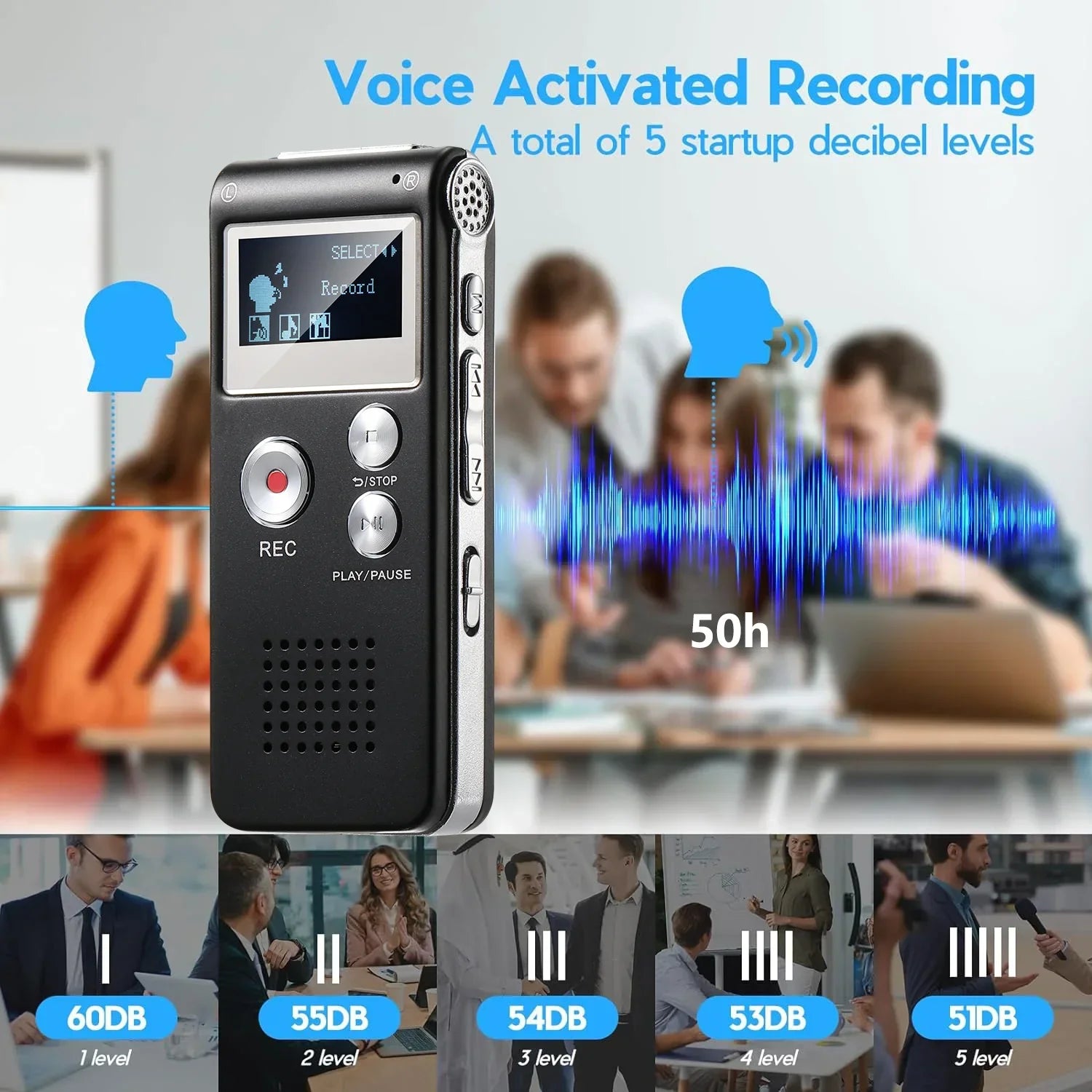 Compact Voice Activated Digital Recorder with Built-In Speaker and Headphone Jack