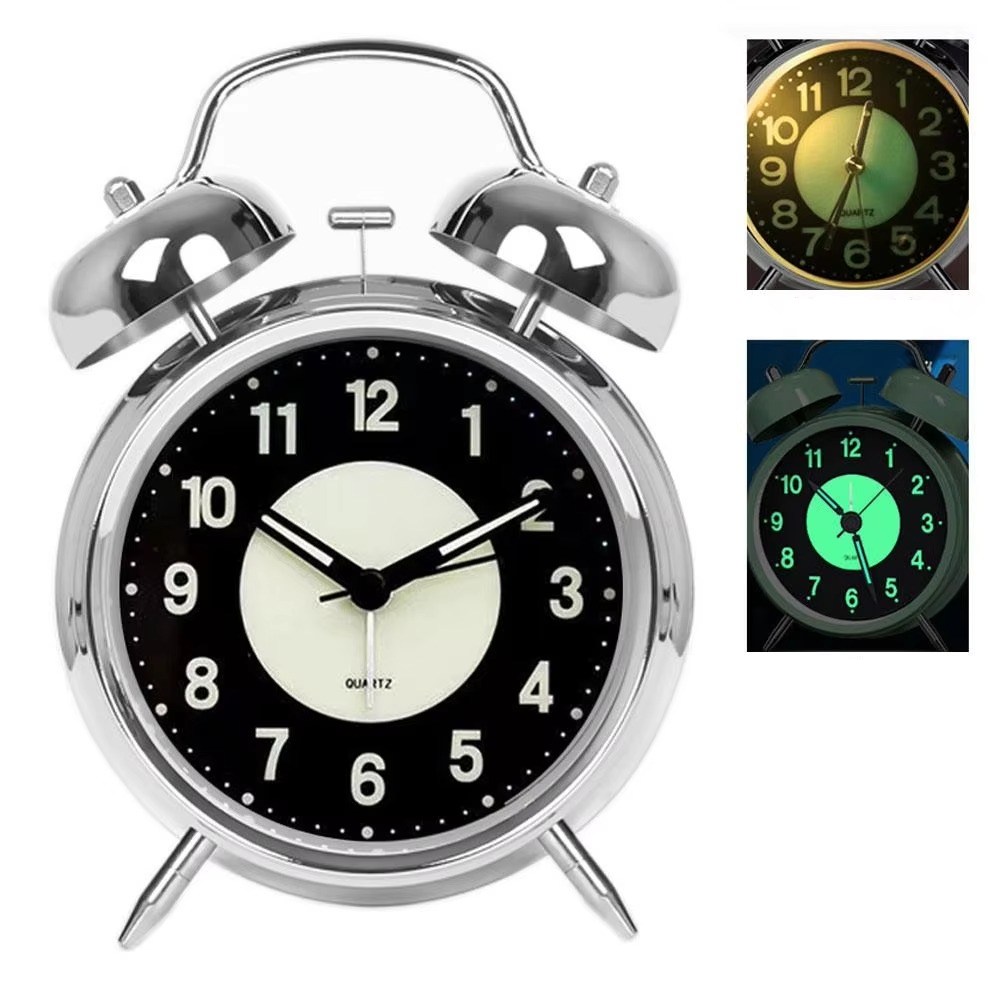 Rabbit Ear Twin Bell Alarm Clock with Low Noise Sweep and Metal Frame