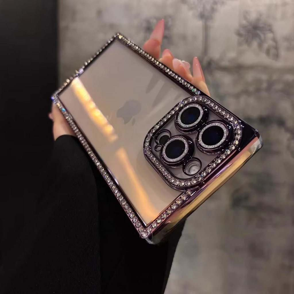 Rhinestone iPhone Case with Clear Silicone Bumper and Square Frame Design