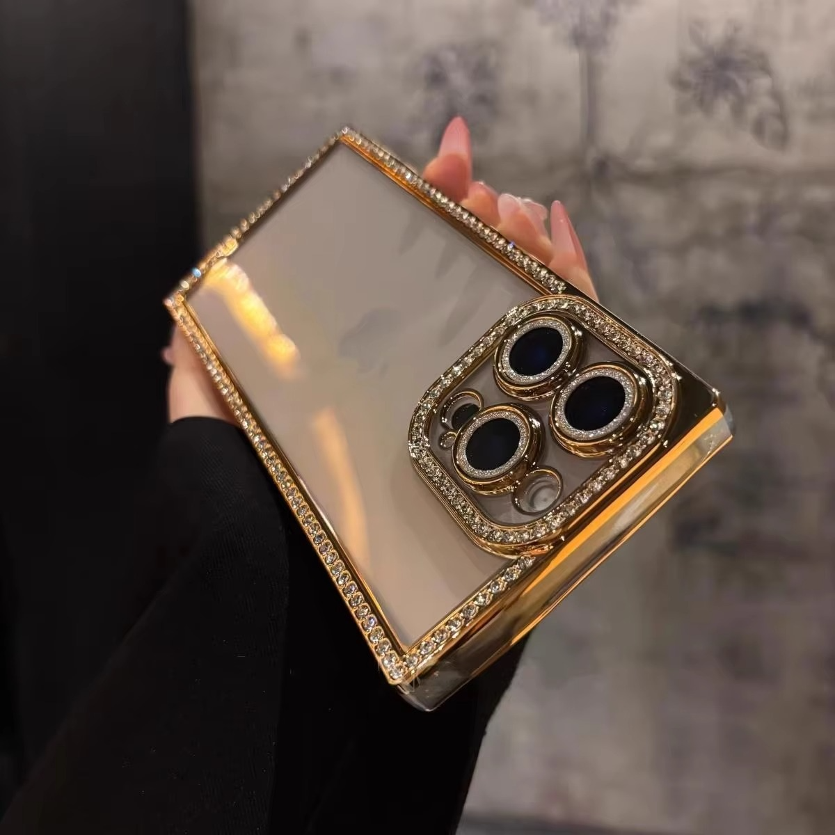Rhinestone iPhone Case with Clear Silicone Bumper and Square Frame Design