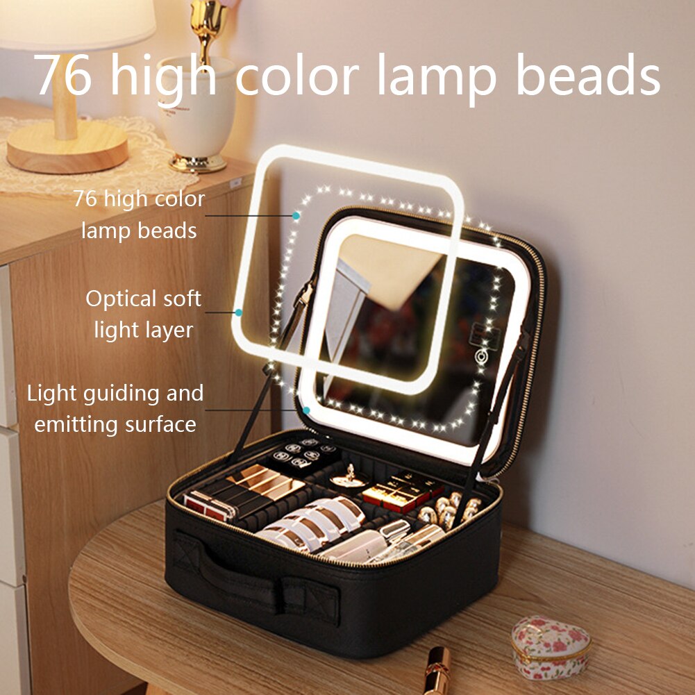 Makeup Organizer Case with Adjustable LED Mirror and Multiple Compartments