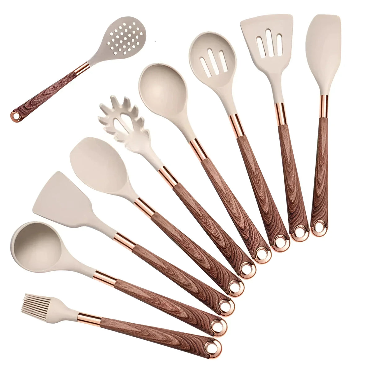 Silicone Kitchen Utensils Set with Wooden Handles and Copper Accents, 10-Piece