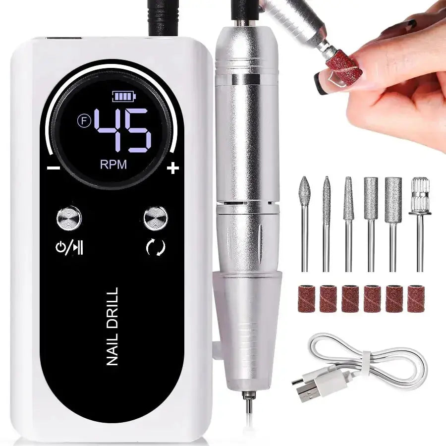 Rechargeable Nail Drill with LED Display and 6 Milling Heads, 45000 RPM