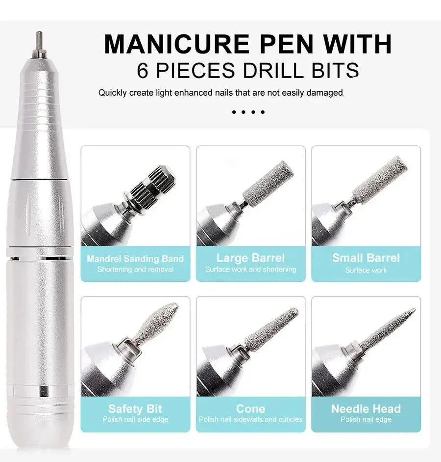 Rechargeable Nail Drill with LED Display and 6 Milling Heads, 45000 RPM