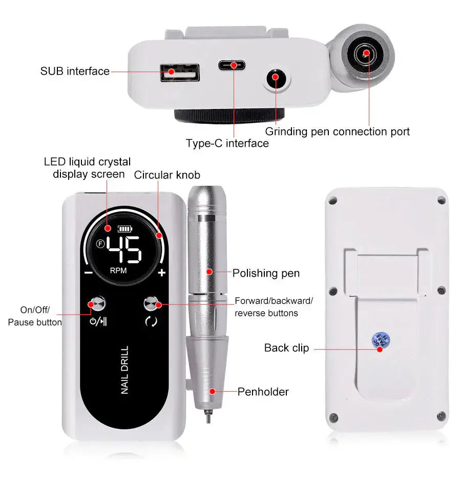 Rechargeable Nail Drill with LED Display and 6 Milling Heads, 45000 RPM