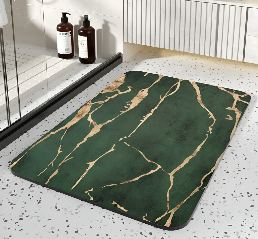 Quick Dry Mineral Stone Bathroom Mat with Rubber Grip Base and Marble Pattern