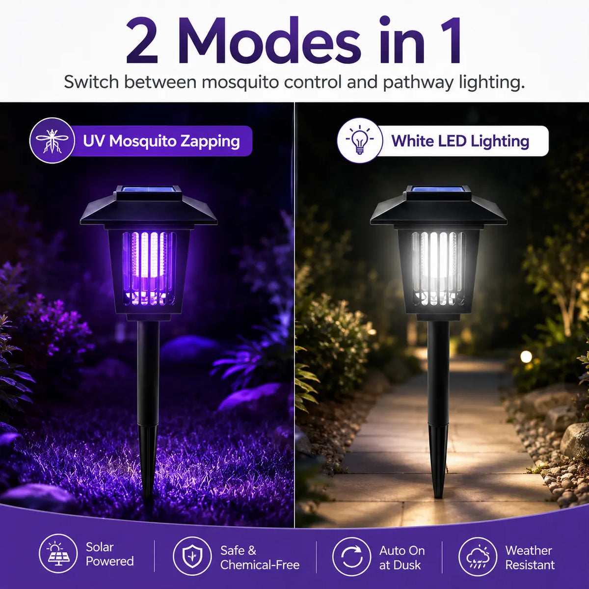 Outdoor Mosquito Zapper with Solar Power and Automatic Dusk Sensor, Dual Mode