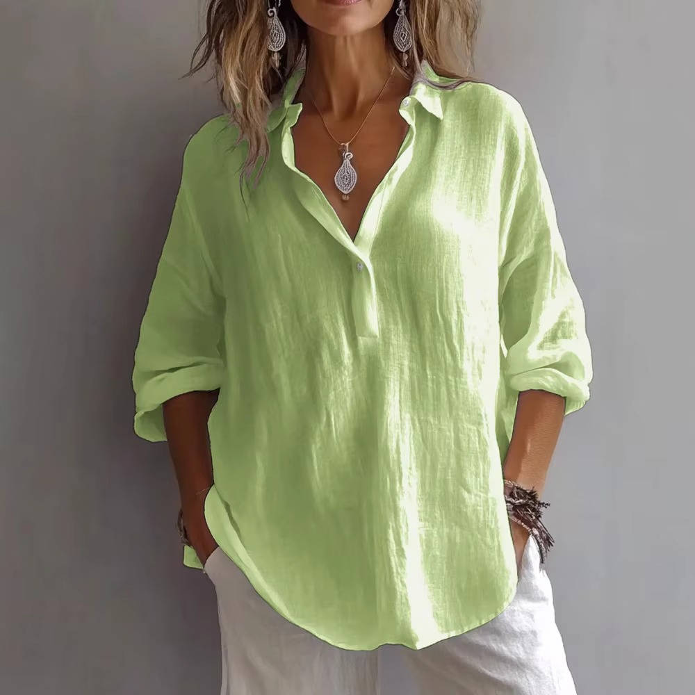Womens Relaxed Fit Linen Blend Button Up Tunic Shirt