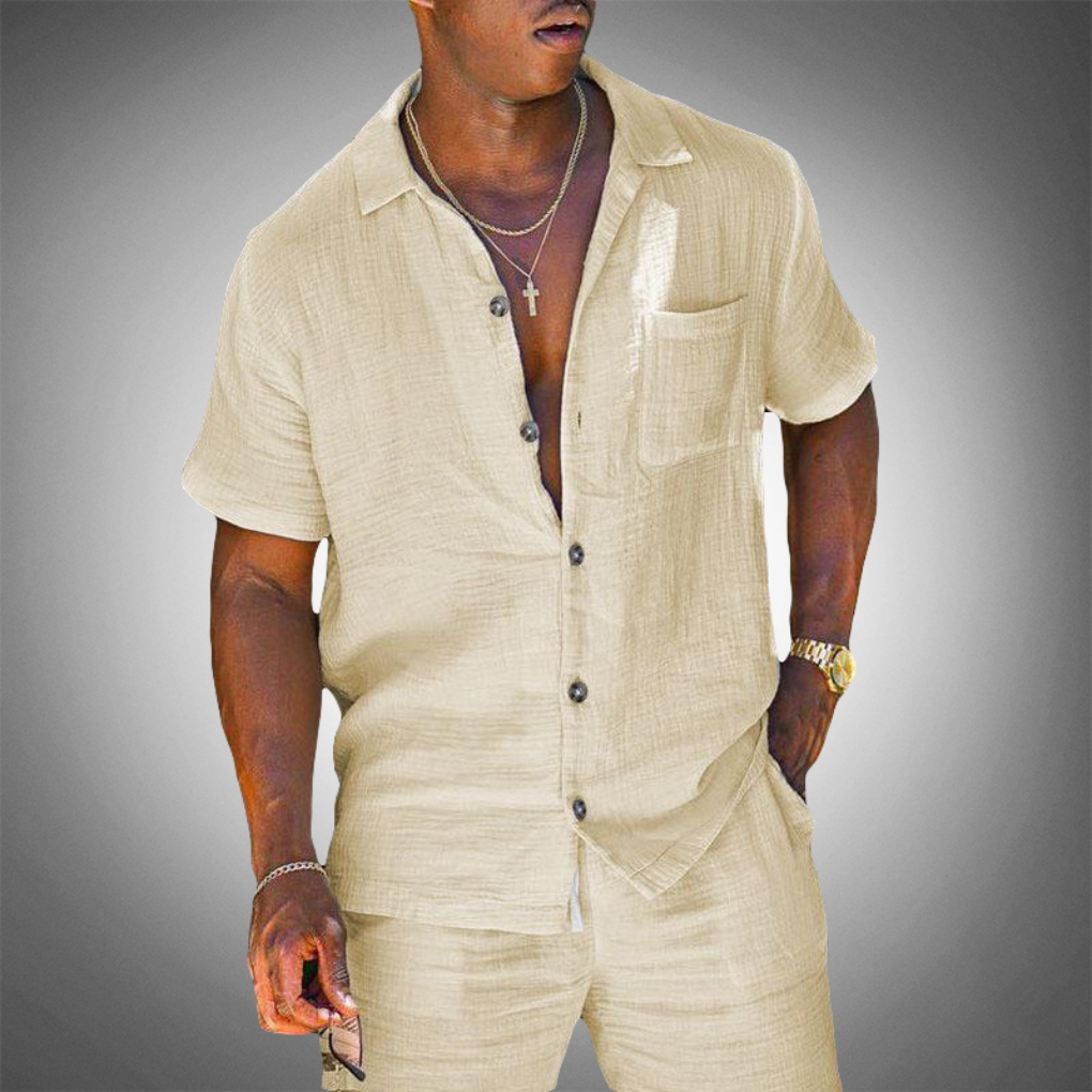 Linen Shirt and Trousers Set with Breathable Knit Weave for Men