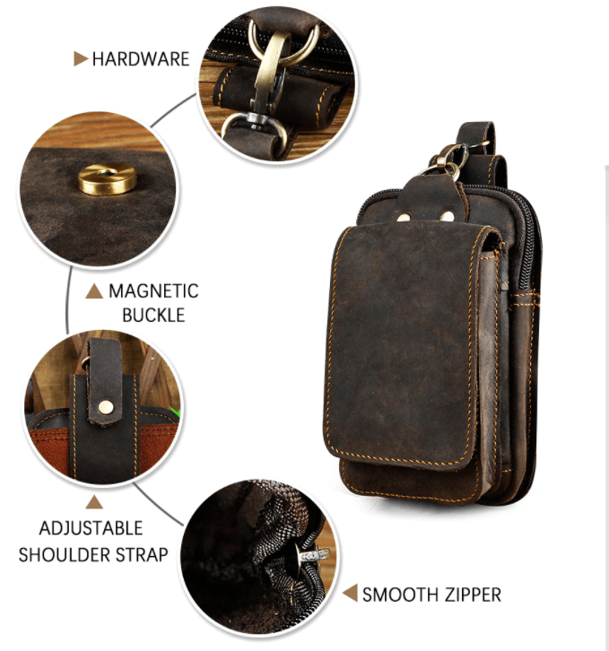 Cowhide Waist Bag with Padded Phone Slot and Magnetic Front Pocket