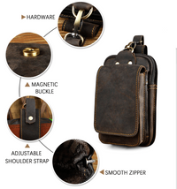 Cowhide Waist Bag with Padded Phone Slot and Magnetic Front Pocket