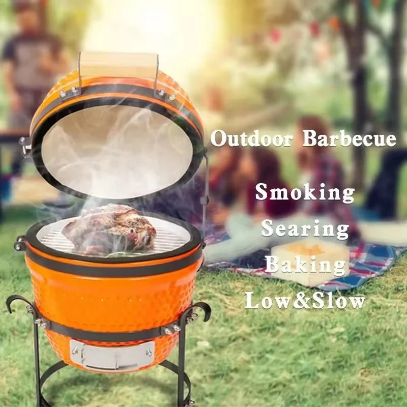 Compact Ceramic Charcoal Grill - 13 inches Portable BBQ Cooker