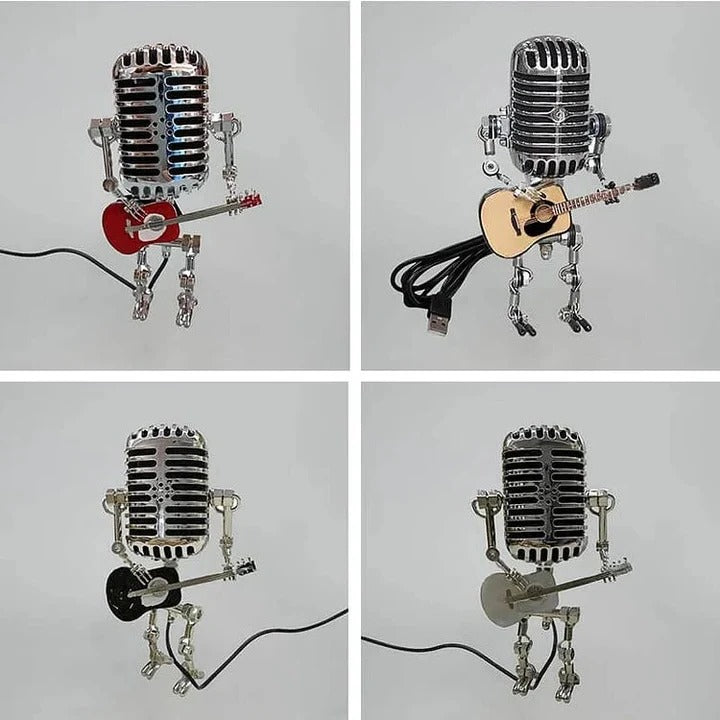 Retro Industrial Metal Robot Lamp With Vintage Microphone Head