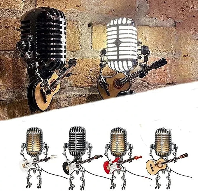 Retro Industrial Metal Robot Lamp With Vintage Microphone Head