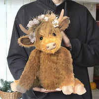 Handmade Highland Cow Plush Toy - Floral Headpiece Design