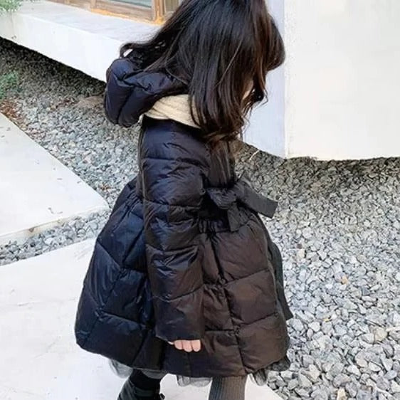 Toddler Girls Hooded Winter Coat with Cotton Padding and Mesh Accent