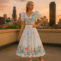 Floral Set with Puff Sleeve Top and High Waist Gathered Skirt for Women, 2 Piece