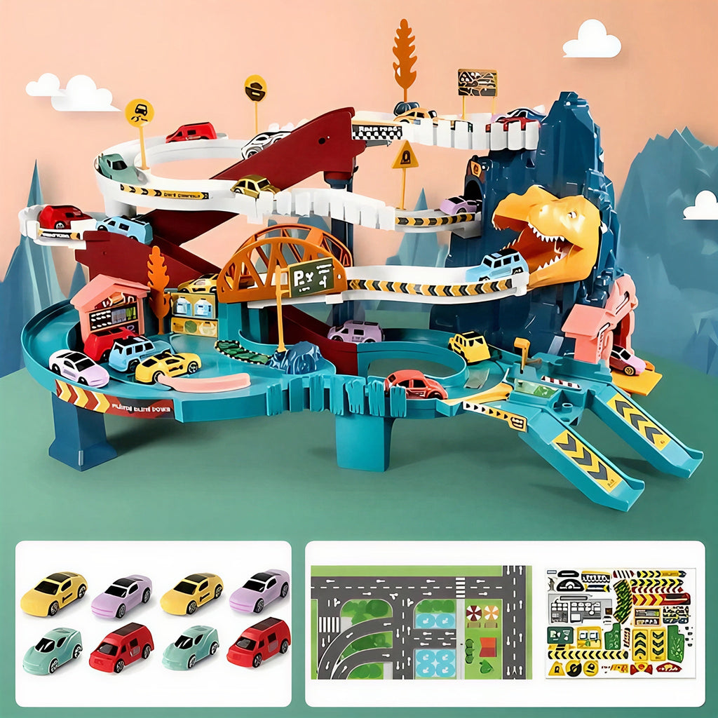 Dinosaur Themed Race Track Set with Cars Tunnels and Road Signs for Kids