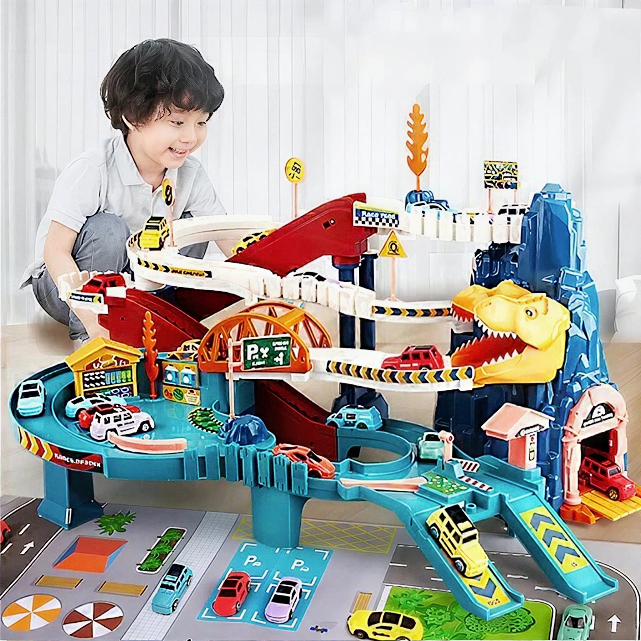 Dinosaur Themed Race Track Set with Cars Tunnels and Road Signs for Kids
