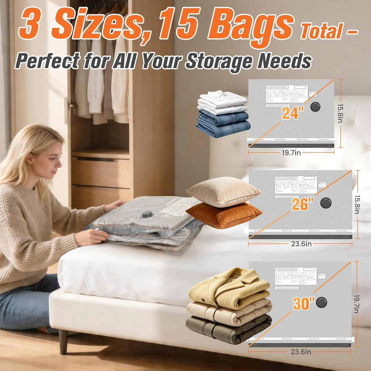 Vacuum Storage Bags with Wireless Pump, 15-Piece Set for Seasonal Clothes and Bedding