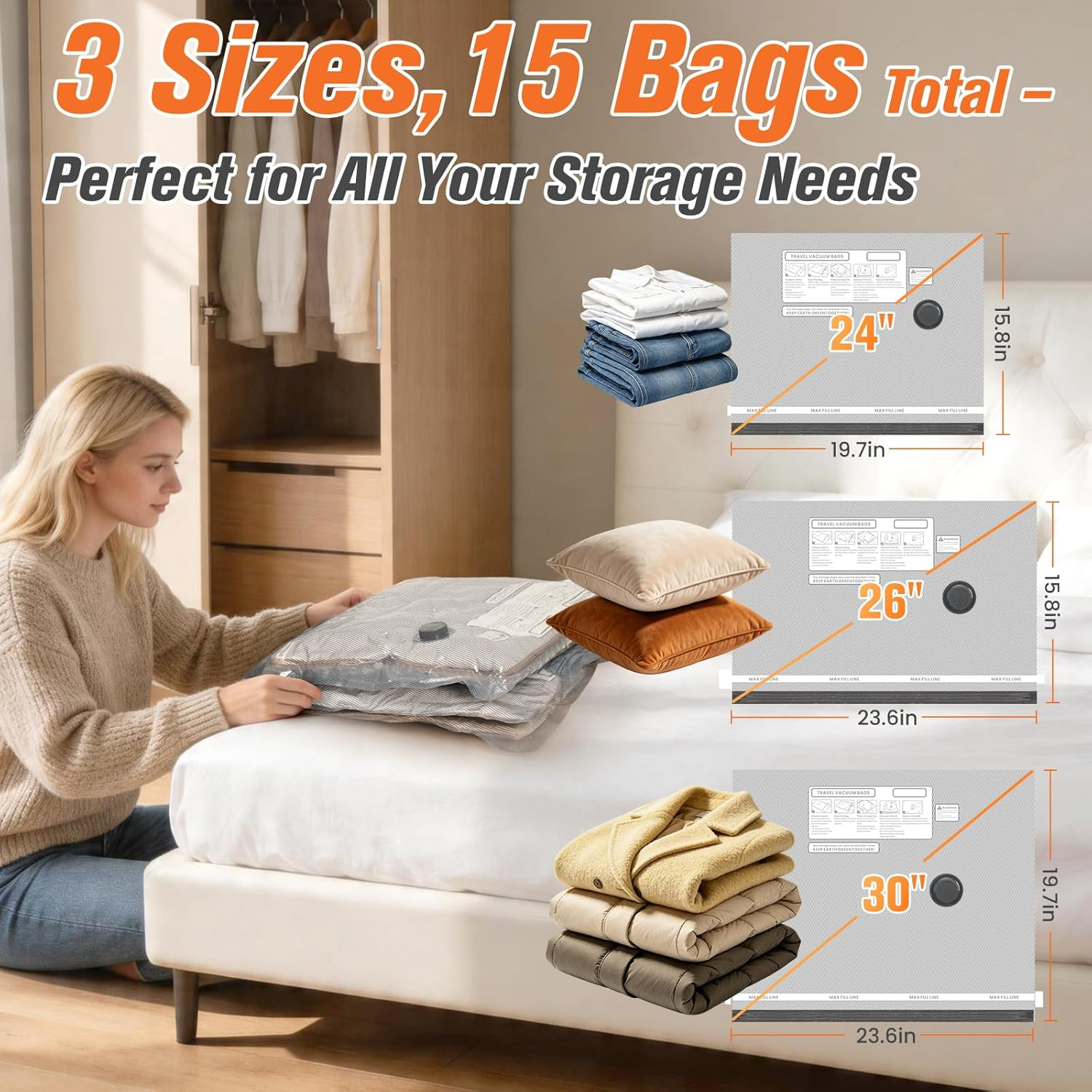 Vacuum Storage Bags with Wireless Pump, 15-Piece Set for Seasonal Clothes and Bedding