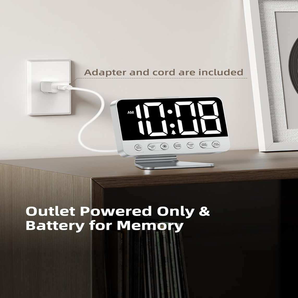 Battery Backup Alarm Clock with 2-Inch Display and USB Phone Charging