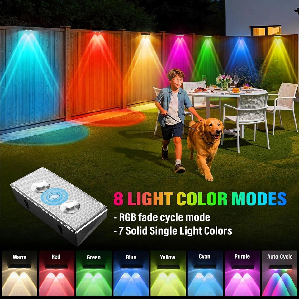 Multicolor Solar Fence Lights with Auto Dusk Sensor and Push Button Control, 8-Pack