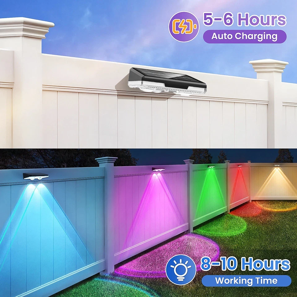 Multicolor Solar Fence Lights with Auto Dusk Sensor and Push Button Control, 8-Pack