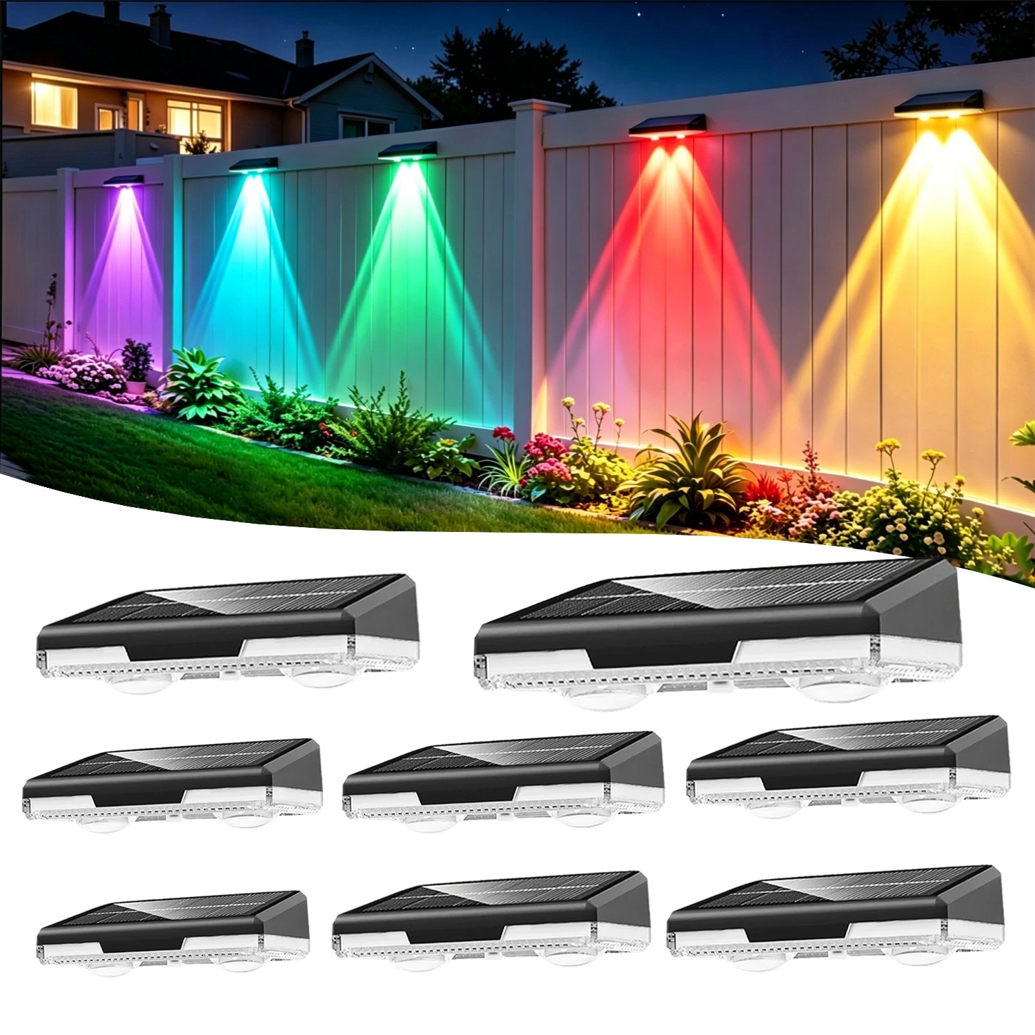 Multicolor Solar Fence Lights with Auto Dusk Sensor and Push Button Control, 8-Pack