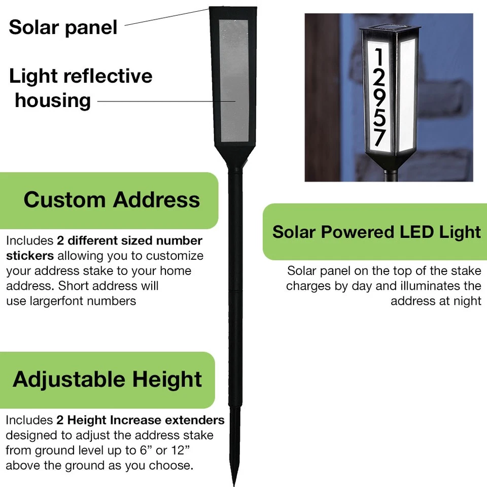 Illuminated Address Stake with Solar Power and Height Adjusters, Customizable Numbers