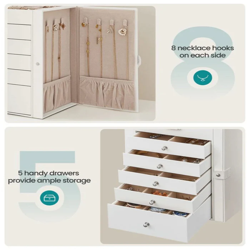 Jewelry Organizer with Six Stacked Tiers and Built-In Mirror, Locking Box