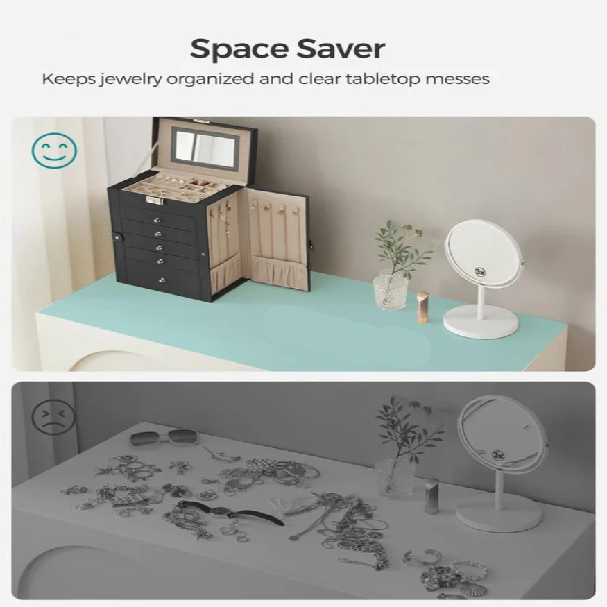 Jewelry Organizer with Six Stacked Tiers and Built-In Mirror, Locking Box