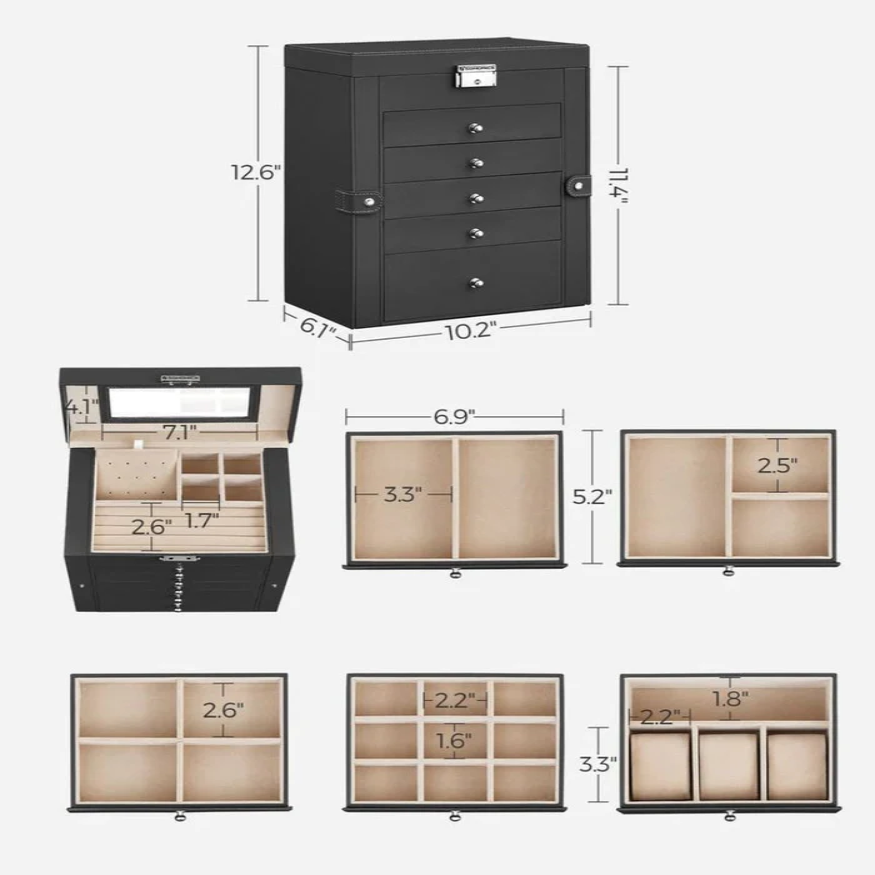 Jewelry Organizer with Six Stacked Tiers and Built-In Mirror, Locking Box