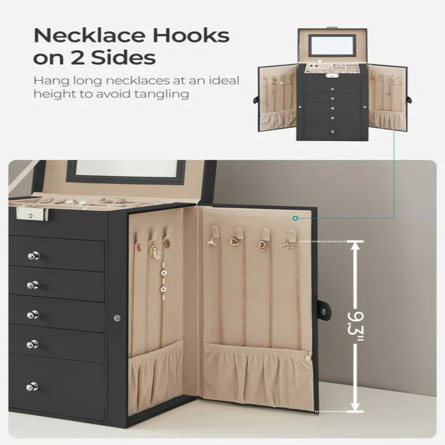 Jewelry Organizer with Six Stacked Tiers and Built-In Mirror, Locking Box
