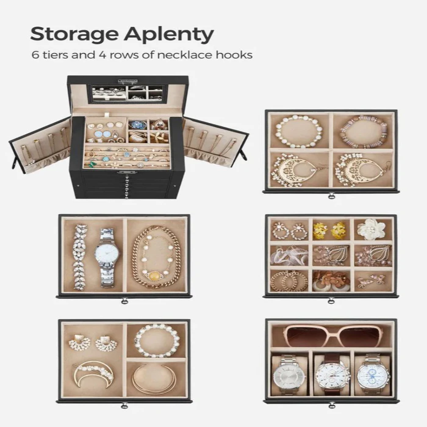 Jewelry Organizer with Six Stacked Tiers and Built-In Mirror, Locking Box