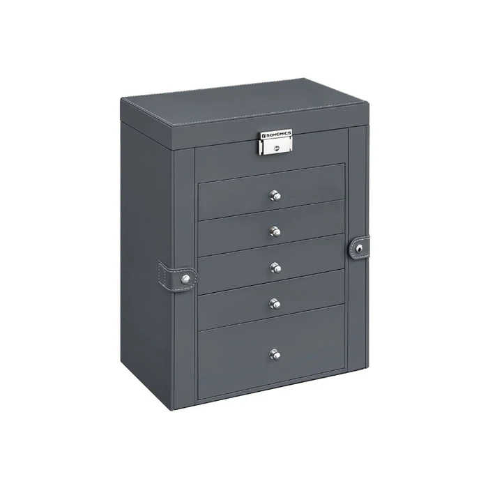 Jewelry Organizer with Six Stacked Tiers and Built-In Mirror, Locking Box