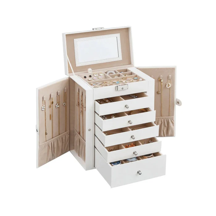 Jewelry Organizer with Six Stacked Tiers and Built-In Mirror, Locking Box