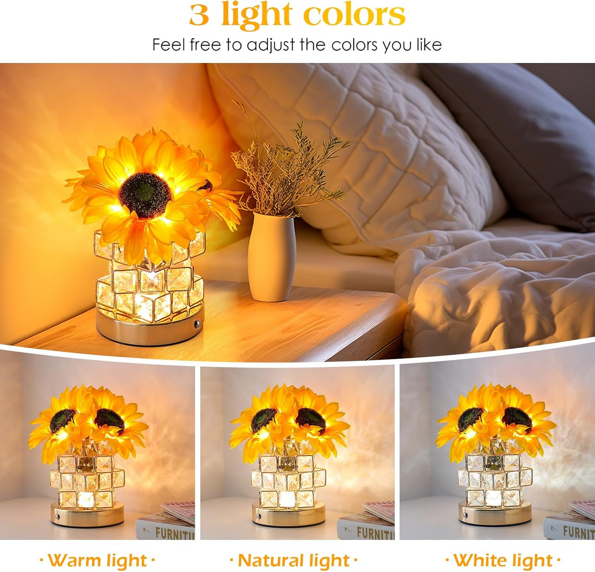 Rechargeable Sunflower Night Light with Touch Dimming and Yellow Glow