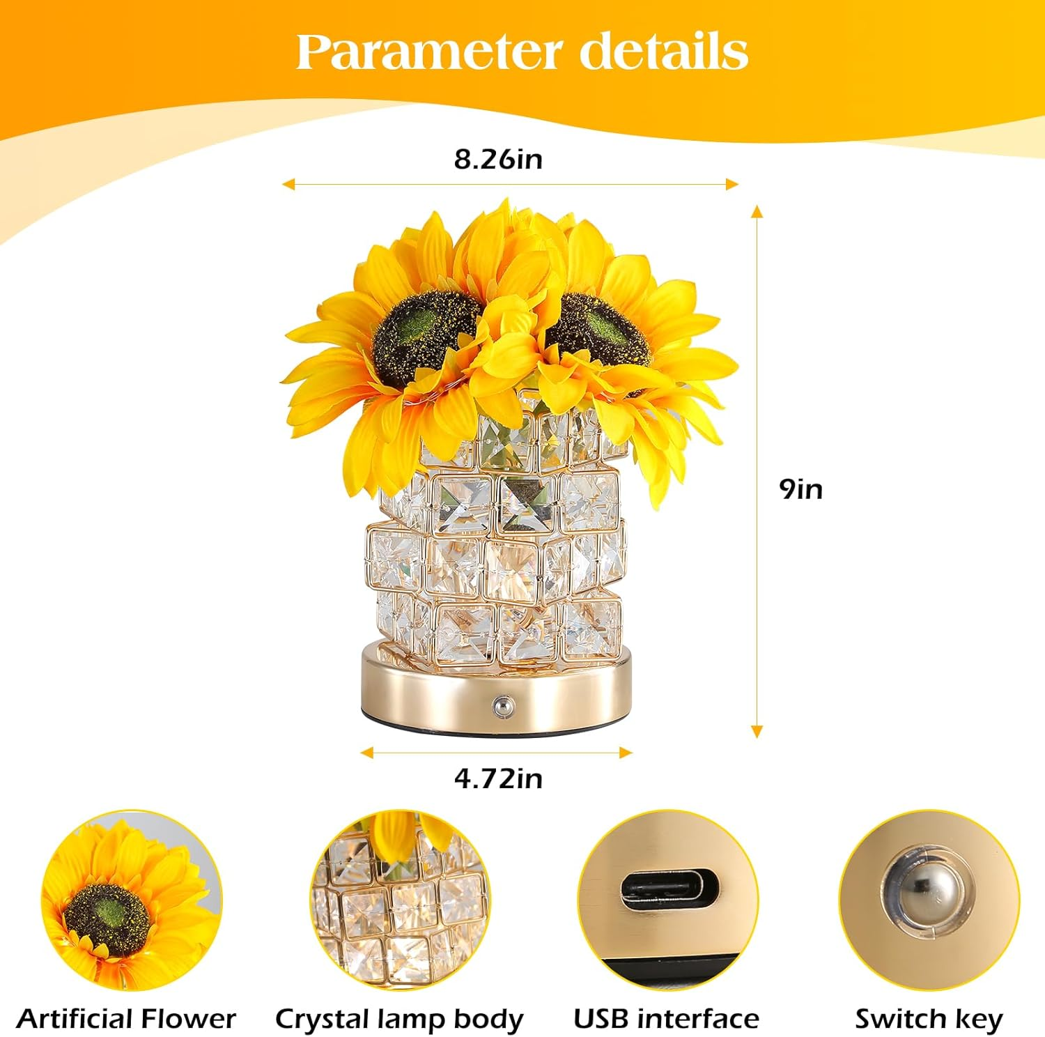Rechargeable Sunflower Night Light with Touch Dimming and Yellow Glow