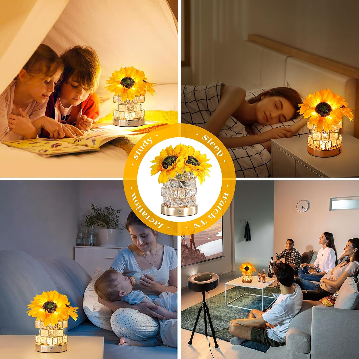 Rechargeable Sunflower Night Light with Touch Dimming and Yellow Glow