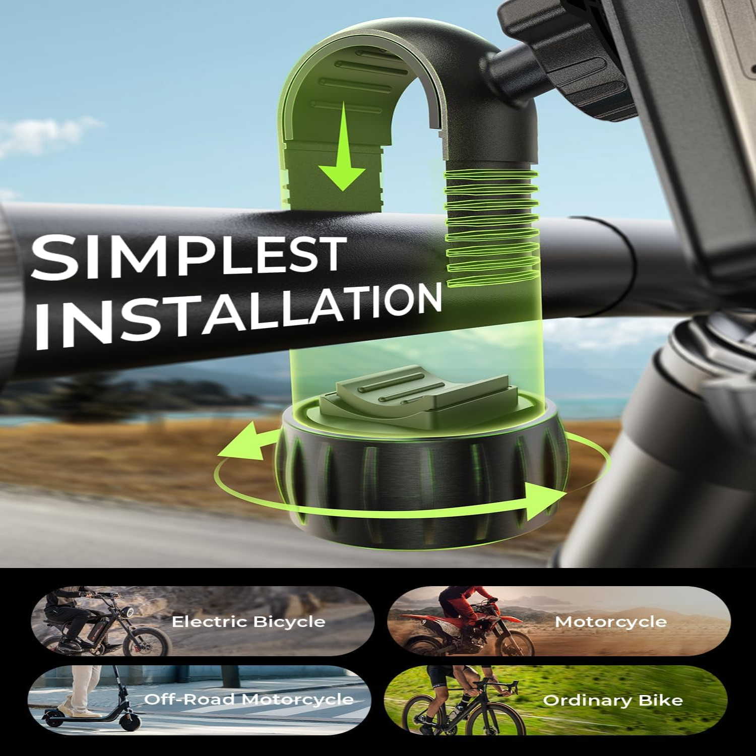 Handlebar Phone Mount with 360 Rotation and Four Corner Grip for 4.7-6.8in Phones
