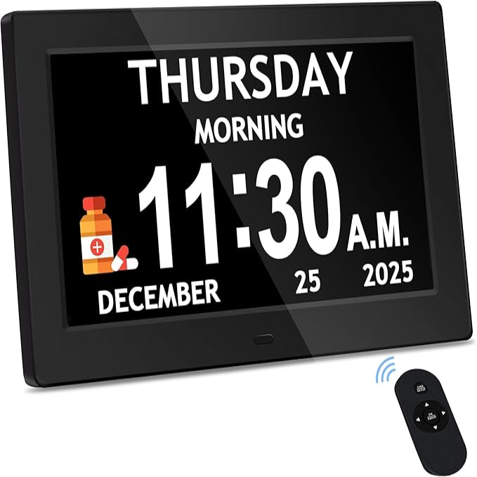 7'' Dementia Clock For Seniors, Large Display Digital Clock With Date, Time, Day Of Week for Elderly, Memory Loss, Alzheimer, 1024*600P HD, 10 Reminders & 6 Alarms, Auto Dimming & DST, Remote Control allveramart
