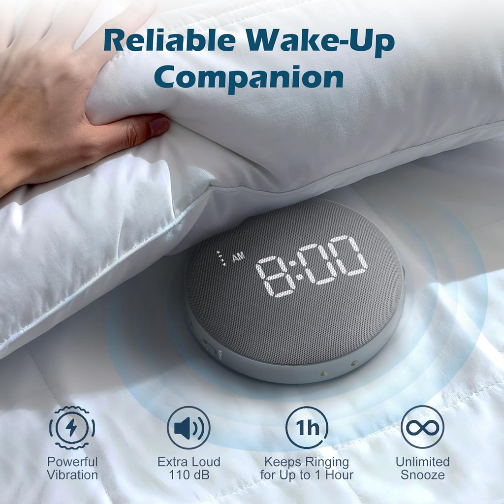 Cordless Alarm Clock with 110dB Sound and Vibrating Pillow Disc for Heavy Sleepers