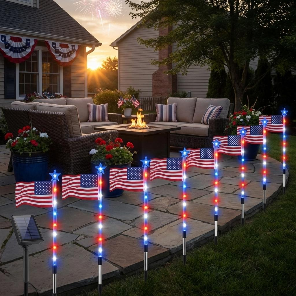Patriotic Solar Stake Lights with 8 Display Modes and Red, White, and Blue LEDs, 8-Pack for Outdoor Pathways