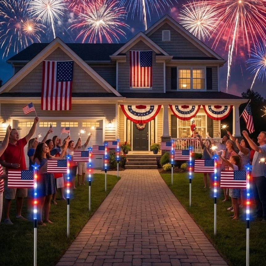 Patriotic Solar Stake Lights with 8 Display Modes and Red, White, and Blue LEDs, 8-Pack for Outdoor Pathways