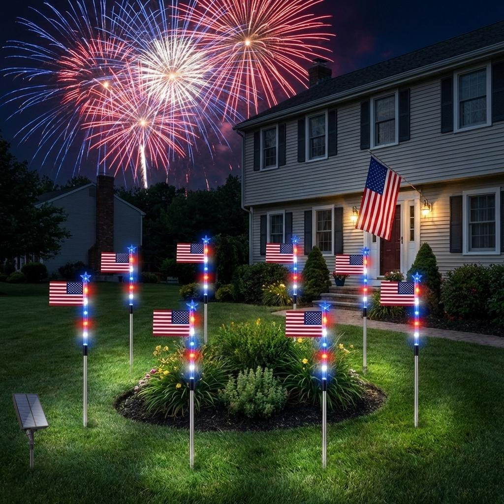 Patriotic Solar Stake Lights with 8 Display Modes and Red, White, and Blue LEDs, 8-Pack for Outdoor Pathways