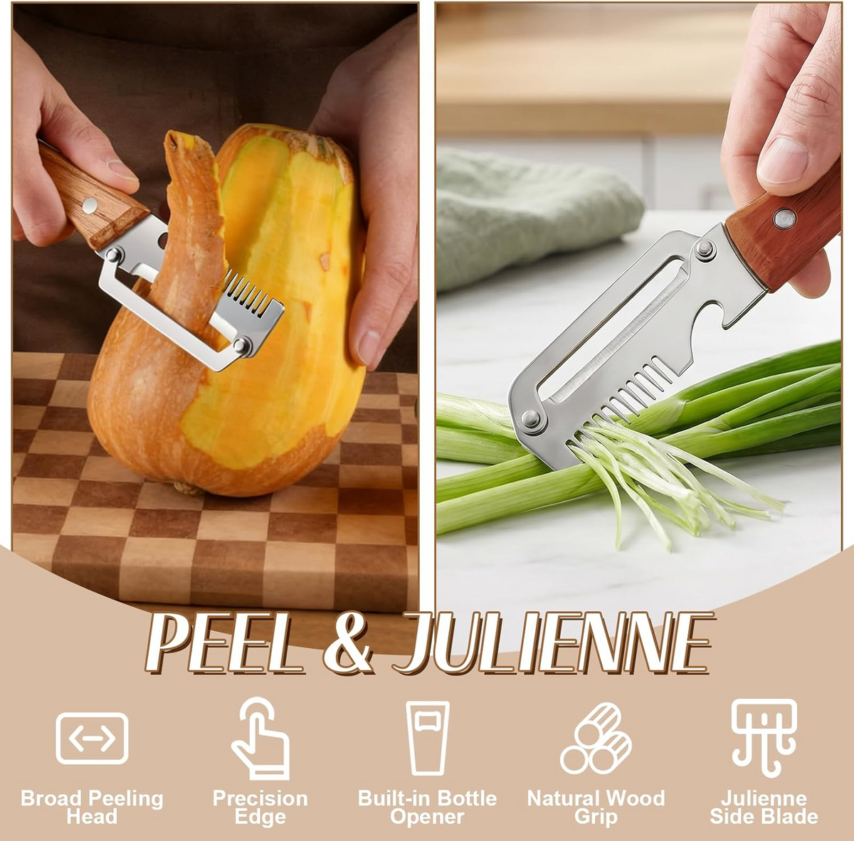 Vegetable Peeler with Wide Blade, Julienne Edge and Wooden Handle