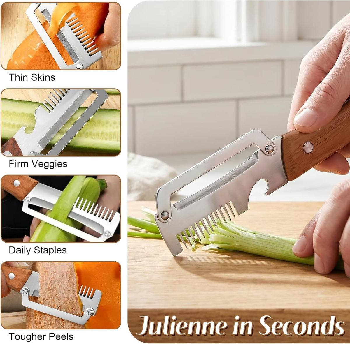 Vegetable Peeler with Wide Blade, Julienne Edge and Wooden Handle