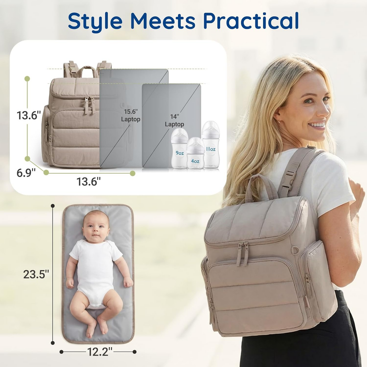 Backpack Diaper Bag with Thermal Insulated Bottle Pockets and Stroller Attachment Loops
